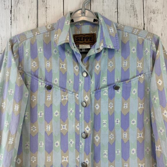 VTG Seppe Blue/Purple Aztec Western Southwest Metal Button Down Shirt Size Small - Picture 6 of 14